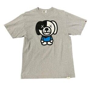 BAPE x KAWS Gray Graphic T-Shirt with Dog Design, Size M, Vintage Streetwear